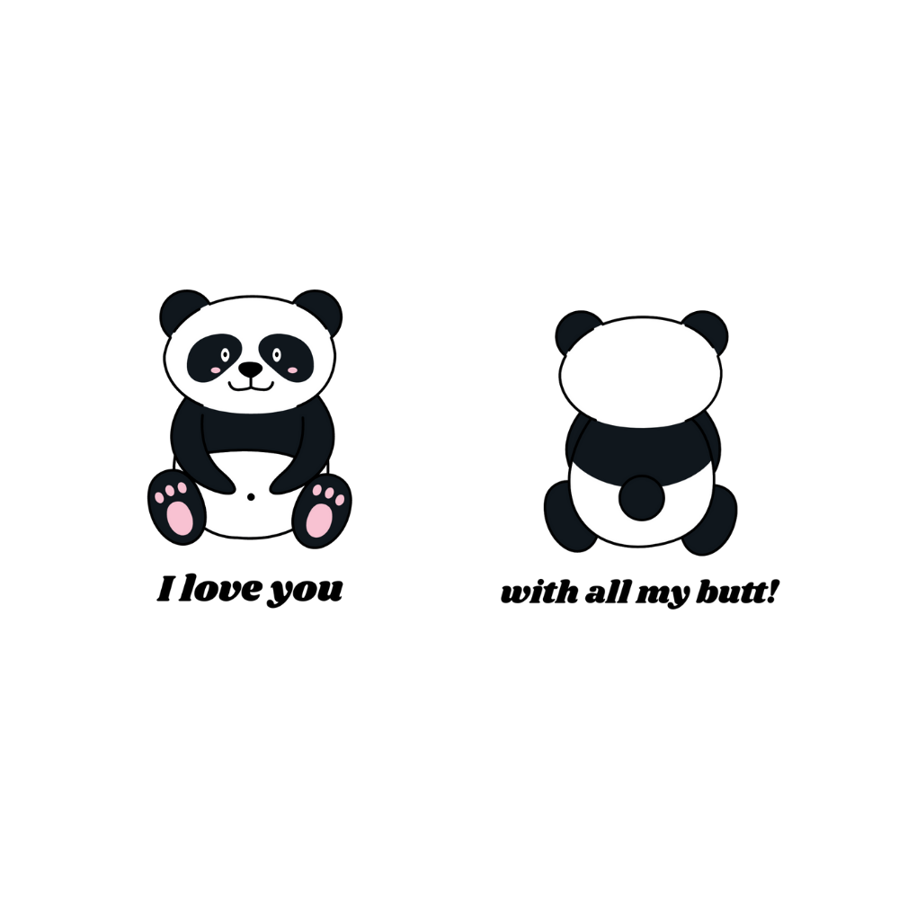 Two panda illustrations with humorous text on a white background