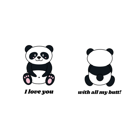 Two panda illustrations with humorous text on a white background