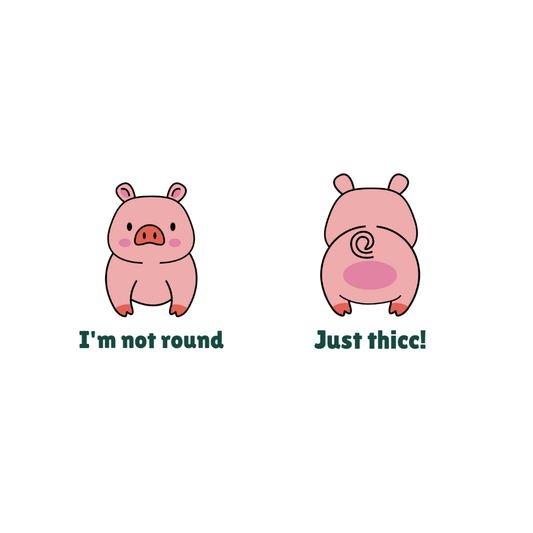 Two cartoon pigs with humorous text on a white background