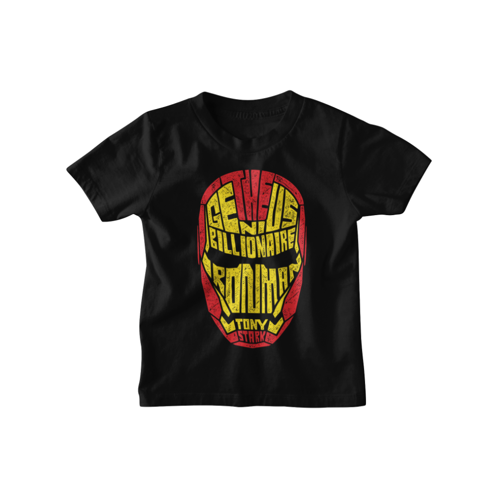 Áo thun in hình Iron Man bằng typography vàng đỏ – phong cách Tony Stark ngầu lòi.