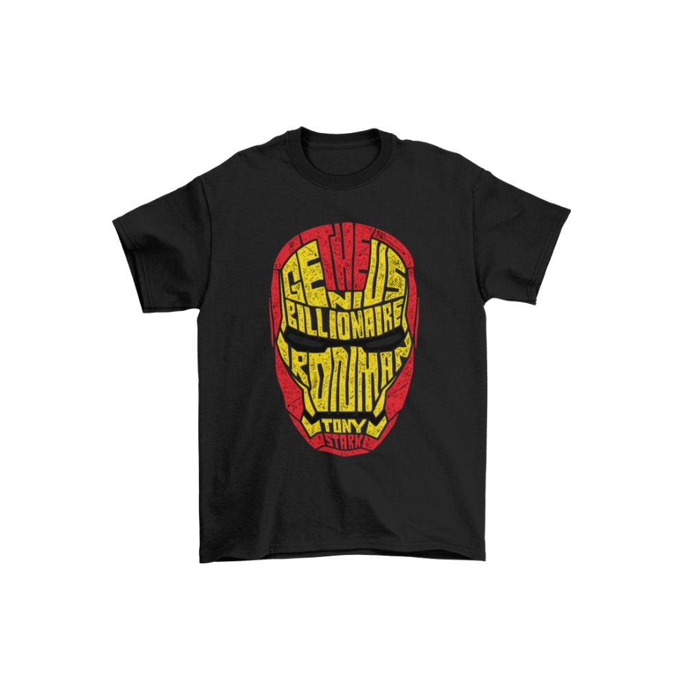 Áo thun in hình Iron Man bằng typography vàng đỏ – phong cách Tony Stark ngầu lòi.