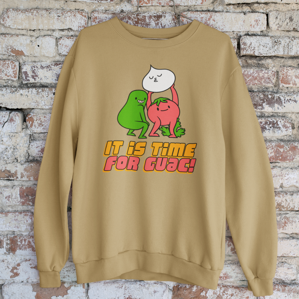 Áo thun, hoodie và sweater in hình ba nguyên liệu bơ, cà chua, hành tạo hình hoạt hình hài hước với dòng chữ “It Is Time For Guac!”