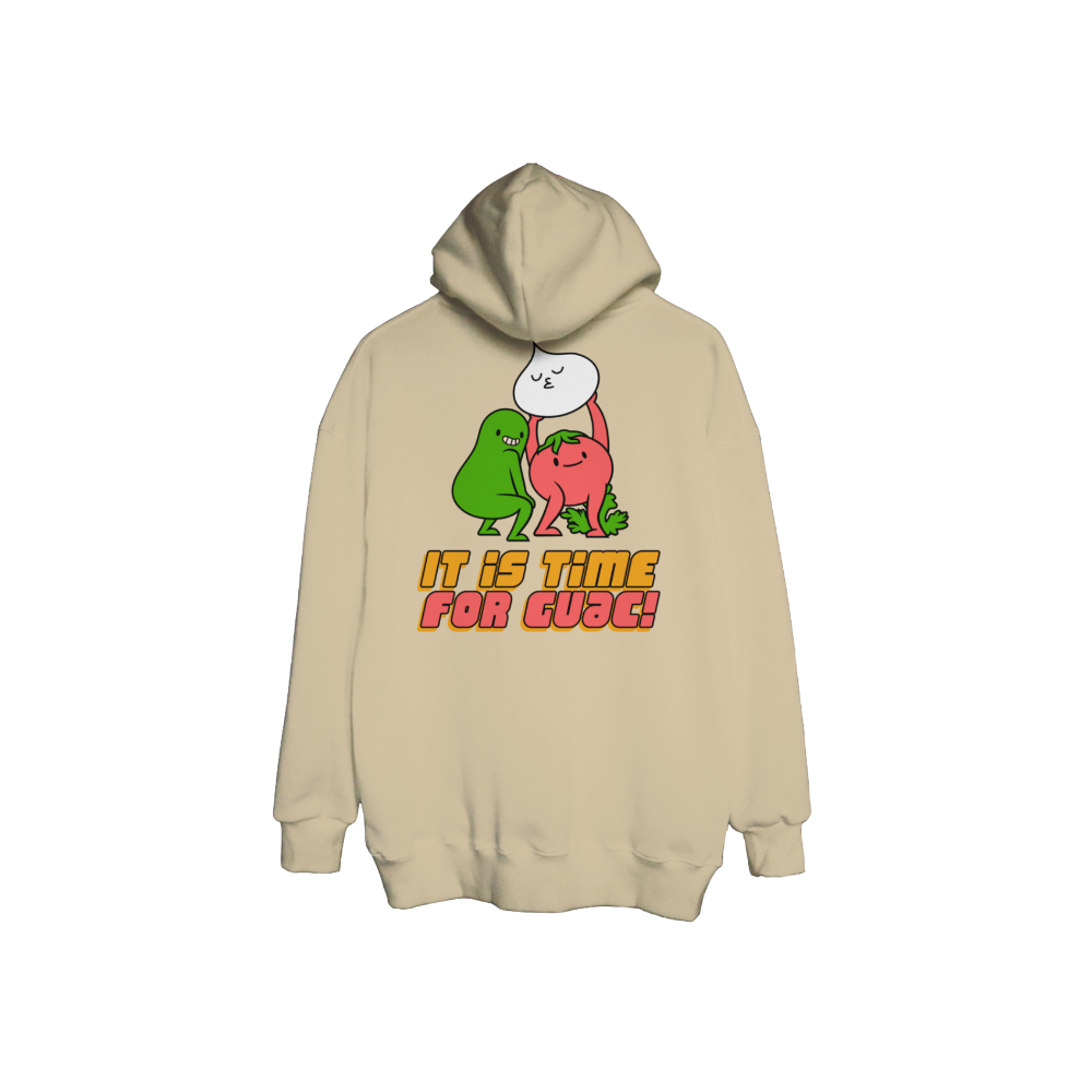 Áo thun, hoodie và sweater in hình ba nguyên liệu bơ, cà chua, hành tạo hình hoạt hình hài hước với dòng chữ “It Is Time For Guac!”