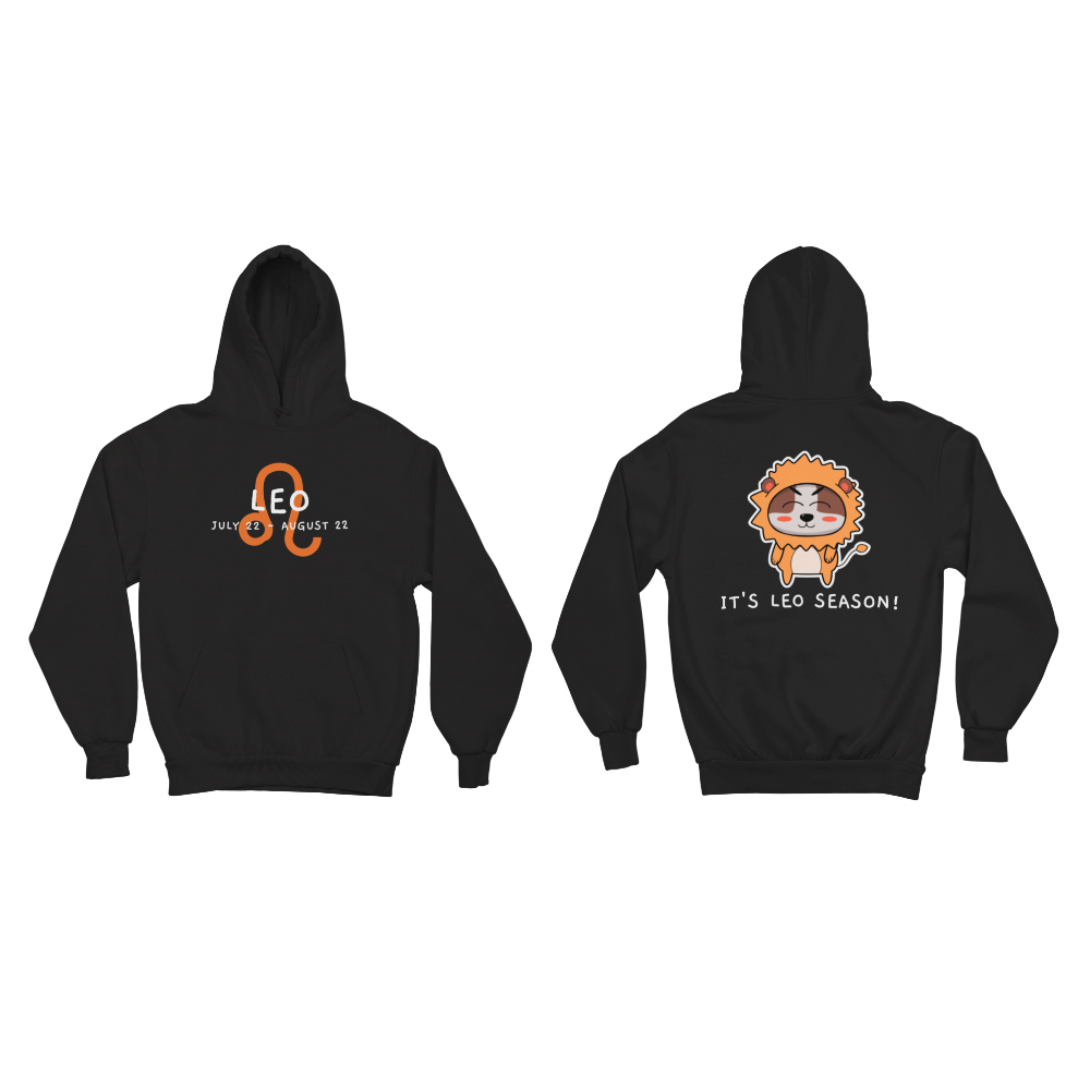 Black hoodie with 'Leo' design on front and back on a white background