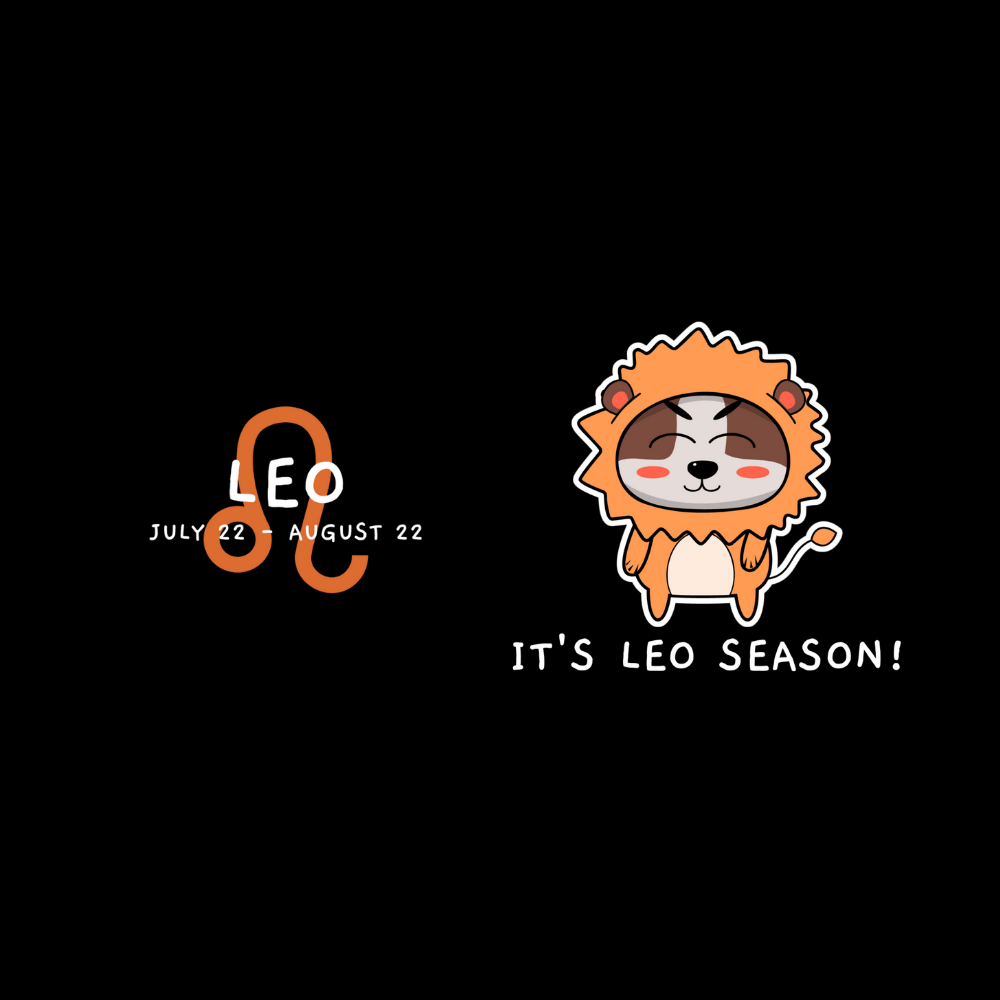 Cartoon lion character with 'Leo' zodiac sign and text on a black background