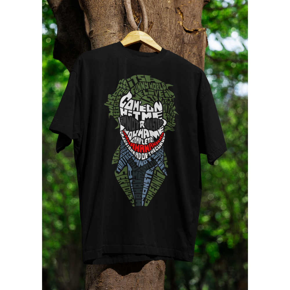 Áo thun Joker typography ấn tượng, dành cho những tâm hồn nổi loạn, khác biệt. Phong cách tối, chất, đầy ẩn ý.