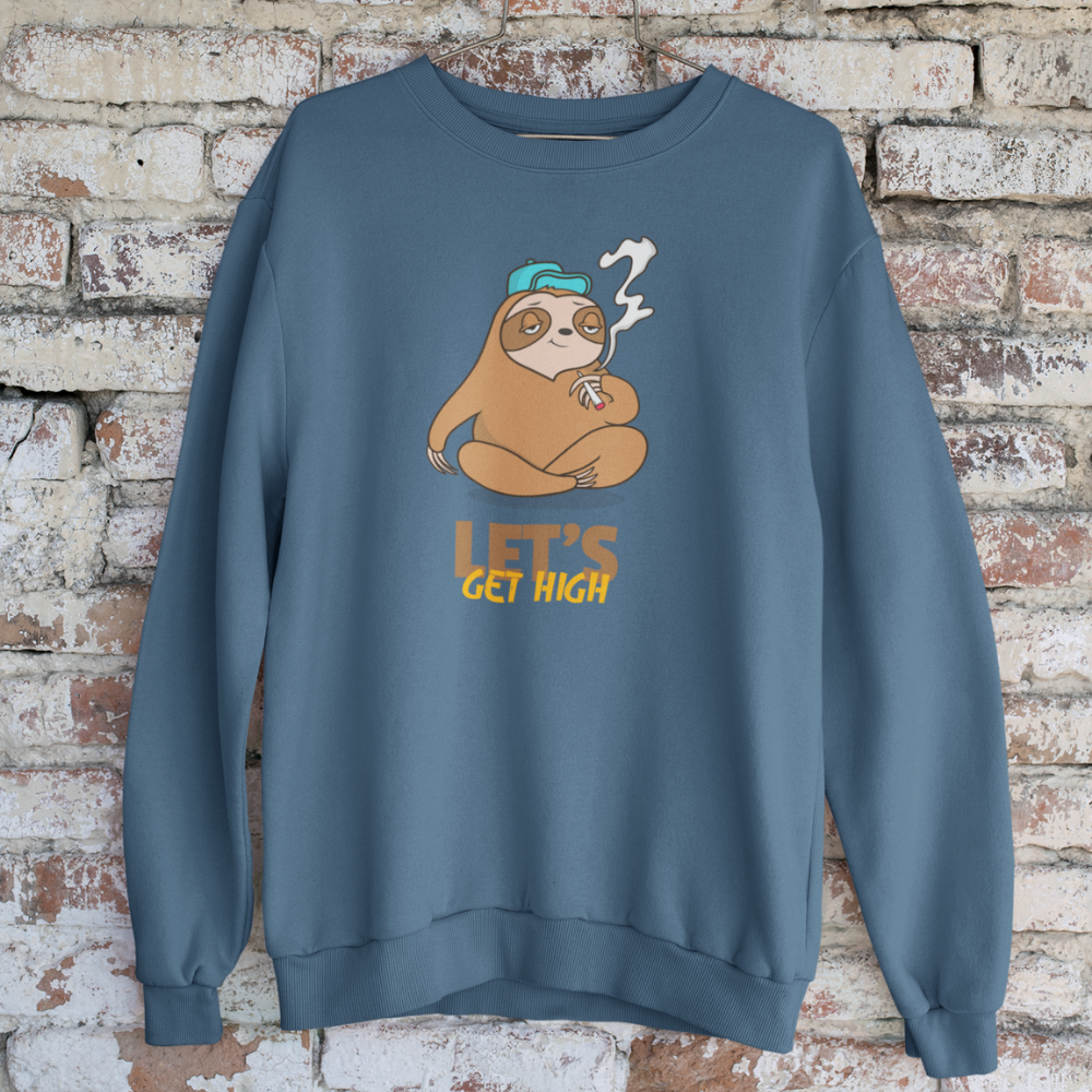 Blue sweatshirt with a sloth graphic and 'Let's Get High' text on a brick wall background