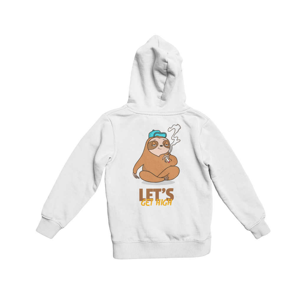 White hoodie with a sloth graphic and text on a white background