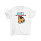 Áo thun trắng in hình capybara đeo kính râm thư giãn trong nước, dòng chữ “Like A Capybara” nổi bật, có thể tuỳ chỉnh slogan