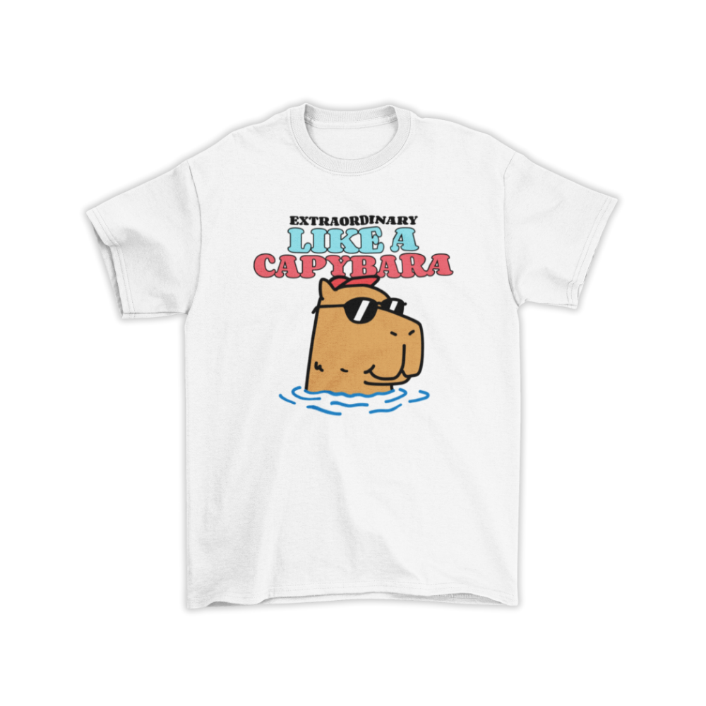 Áo thun trắng in hình capybara đeo kính râm thư giãn trong nước, dòng chữ “Like A Capybara” nổi bật, có thể tuỳ chỉnh slogan