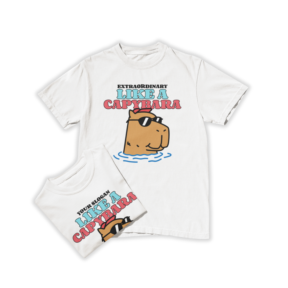 Áo thun trắng in hình capybara đeo kính râm thư giãn trong nước, dòng chữ “Like A Capybara” nổi bật, có thể tuỳ chỉnh slogan