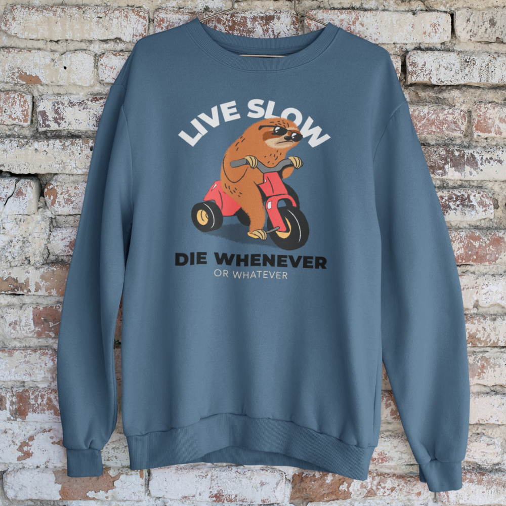 Chiếc áo đậm chất hài hước với hình chú lười cưỡi xe máy kèm slogan “Live Slow – Die Whenever”. Chất chơi, cá tính, dành riêng cho hội sống chậm mà chill chất!