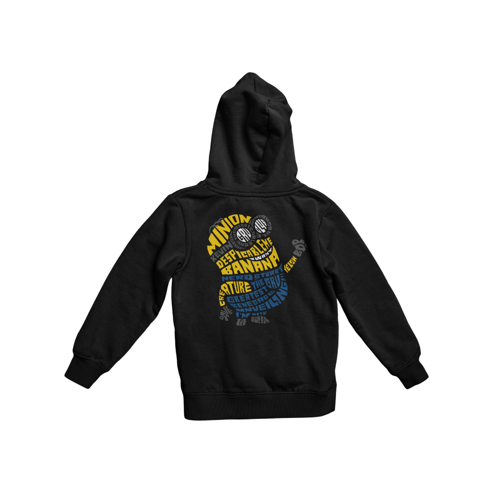 Áo thun in hình Minion được tạo bởi các từ khóa typography như “BANANA”, “Gru”, “Kevin”, “Villain” trên nền đen.