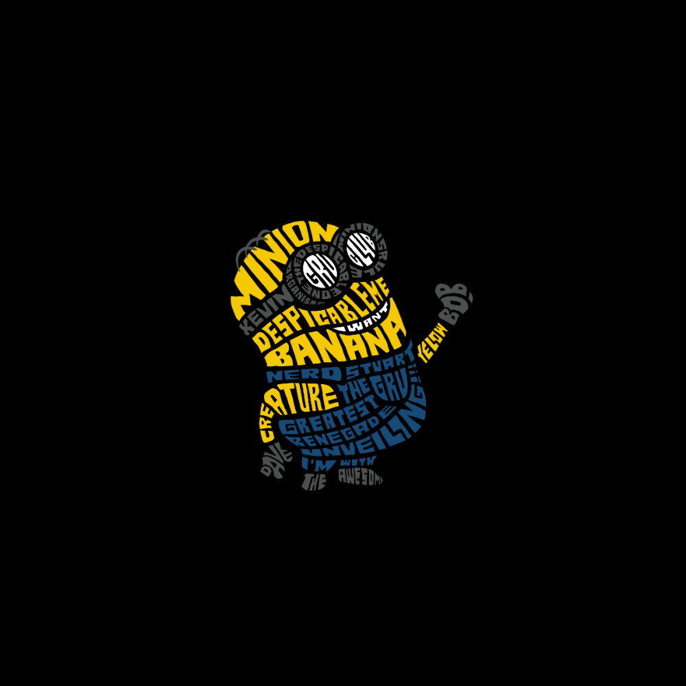 Áo thun in hình Minion được tạo bởi các từ khóa typography như “BANANA”, “Gru”, “Kevin”, “Villain” trên nền đen.