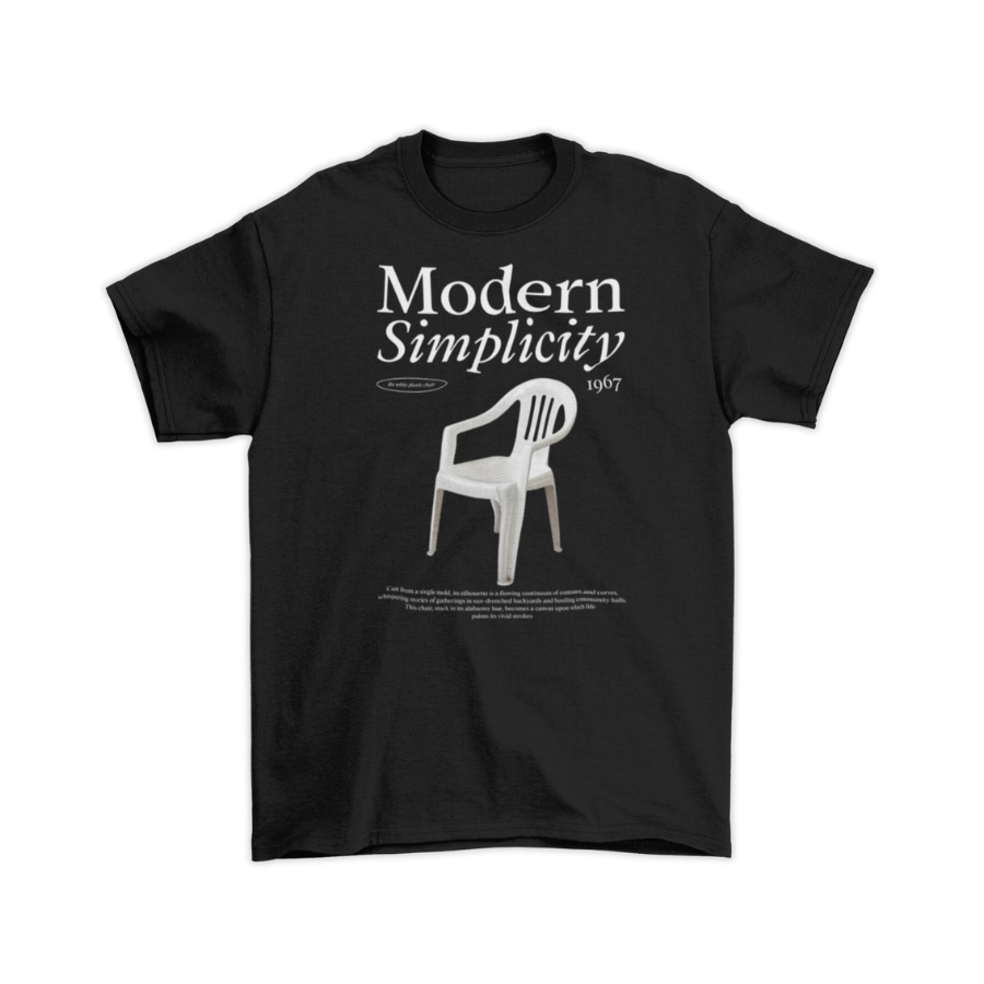 Áo thun đen in hình ghế nhựa trắng phong cách tối giản, kèm dòng chữ “Modern Simplicity 1967”, có thể tùy chỉnh slogan cá nhân