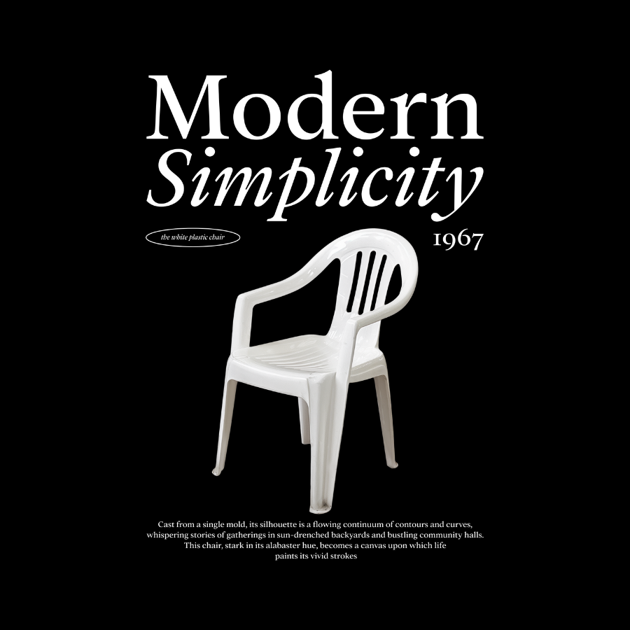 Áo thun đen in hình ghế nhựa trắng phong cách tối giản, kèm dòng chữ “Modern Simplicity 1967”, có thể tùy chỉnh slogan cá nhân