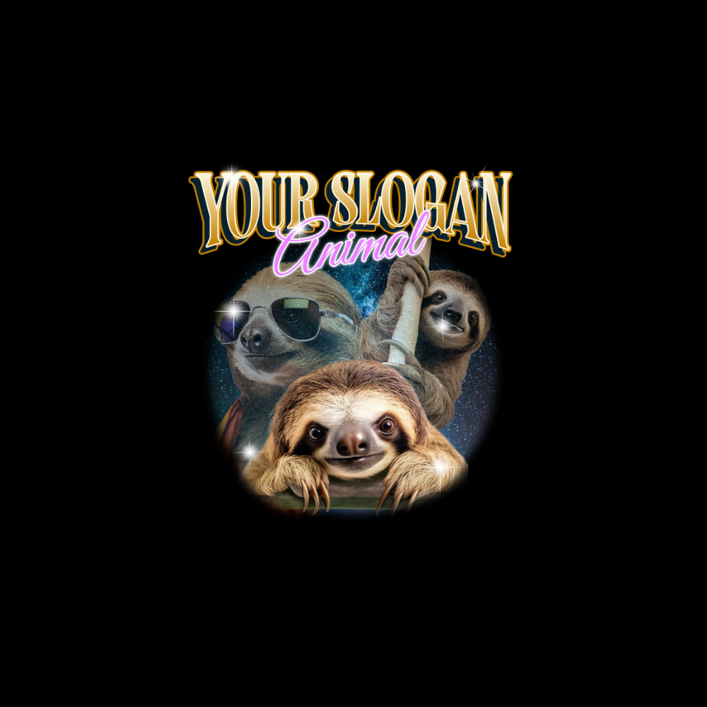 Three sloths with sunglasses and a space background, with text 'Your Slogan Animal' on a black background.