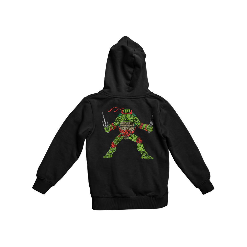 Áo thun in hình Raphael (Ninja Rùa) với kiểu chữ tạo hình độc đáo gồm các từ như “TMNT”, “Raphael”, “Red Turtle”, “Pizza”, “Anger”, “Cool Dude”.