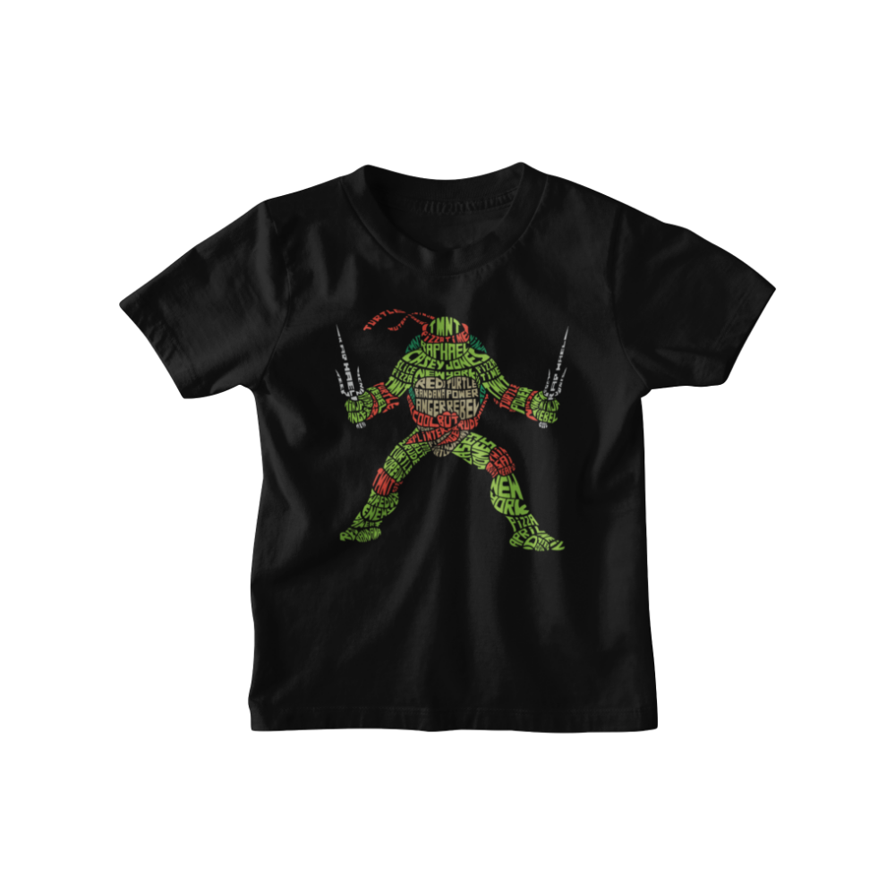 Áo thun in hình Raphael (Ninja Rùa) với kiểu chữ tạo hình độc đáo gồm các từ như “TMNT”, “Raphael”, “Red Turtle”, “Pizza”, “Anger”, “Cool Dude”.