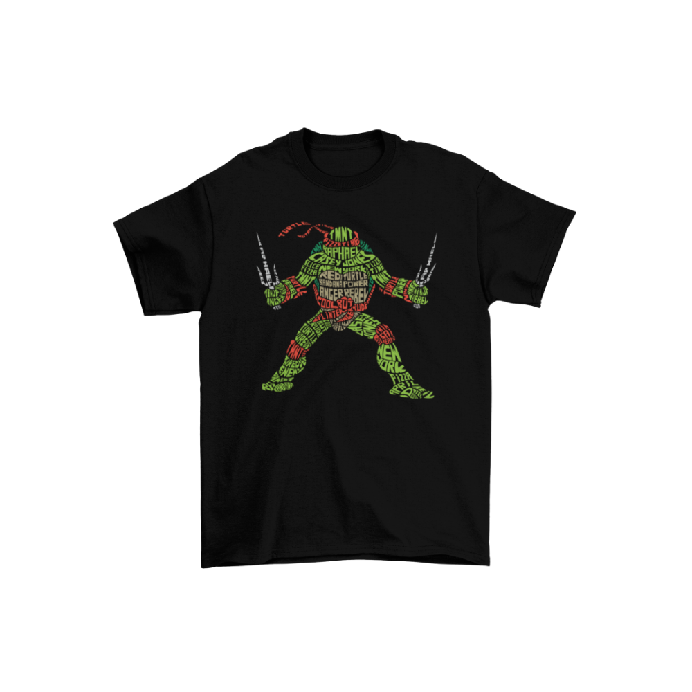 Áo thun in hình Raphael (Ninja Rùa) với kiểu chữ tạo hình độc đáo gồm các từ như “TMNT”, “Raphael”, “Red Turtle”, “Pizza”, “Anger”, “Cool Dude”.
