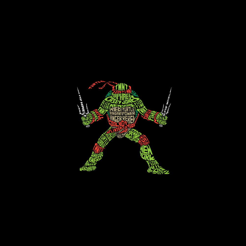 Áo thun in hình Raphael (Ninja Rùa) với kiểu chữ tạo hình độc đáo gồm các từ như “TMNT”, “Raphael”, “Red Turtle”, “Pizza”, “Anger”, “Cool Dude”.