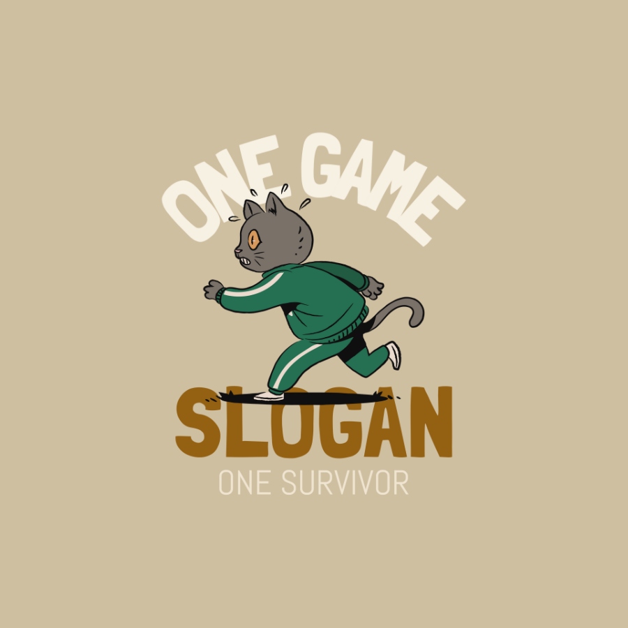 Áo thun màu be in hình mèo chạy mặc đồ Squid Game màu xanh, kèm chữ “One Game, One Shot, One Survivor” và slogan tùy chỉnh