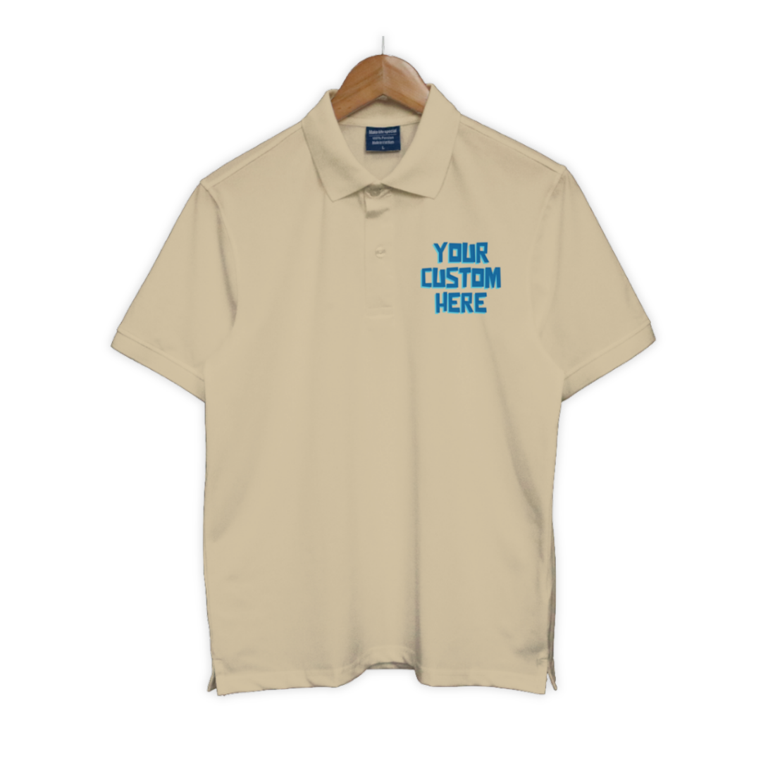 Bộ sưu tập áo polo unisex với dòng chữ tùy chỉnh “Your Custom Here” ở ngực trái, nhiều màu sắc: đen, trắng, xanh, đỏ, be, hồng, tím...