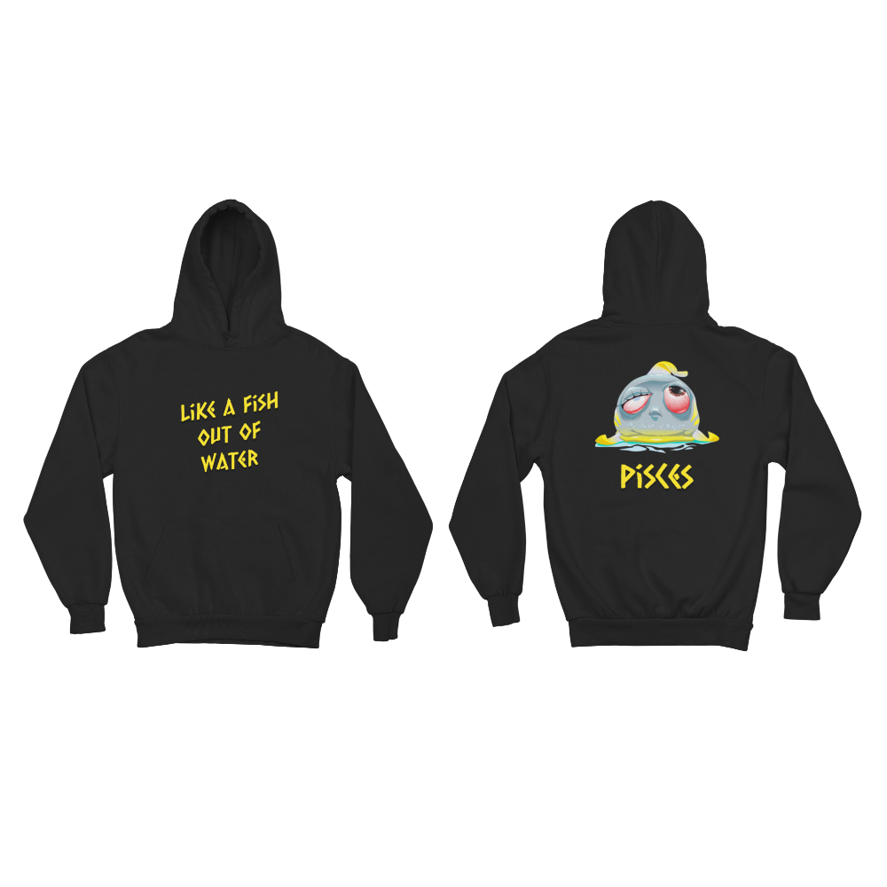Áo hoodie và áo thun cung Song Ngư in hình chú cá buồn, slogan “Like a fish out of water” độc đáo, hài hước.