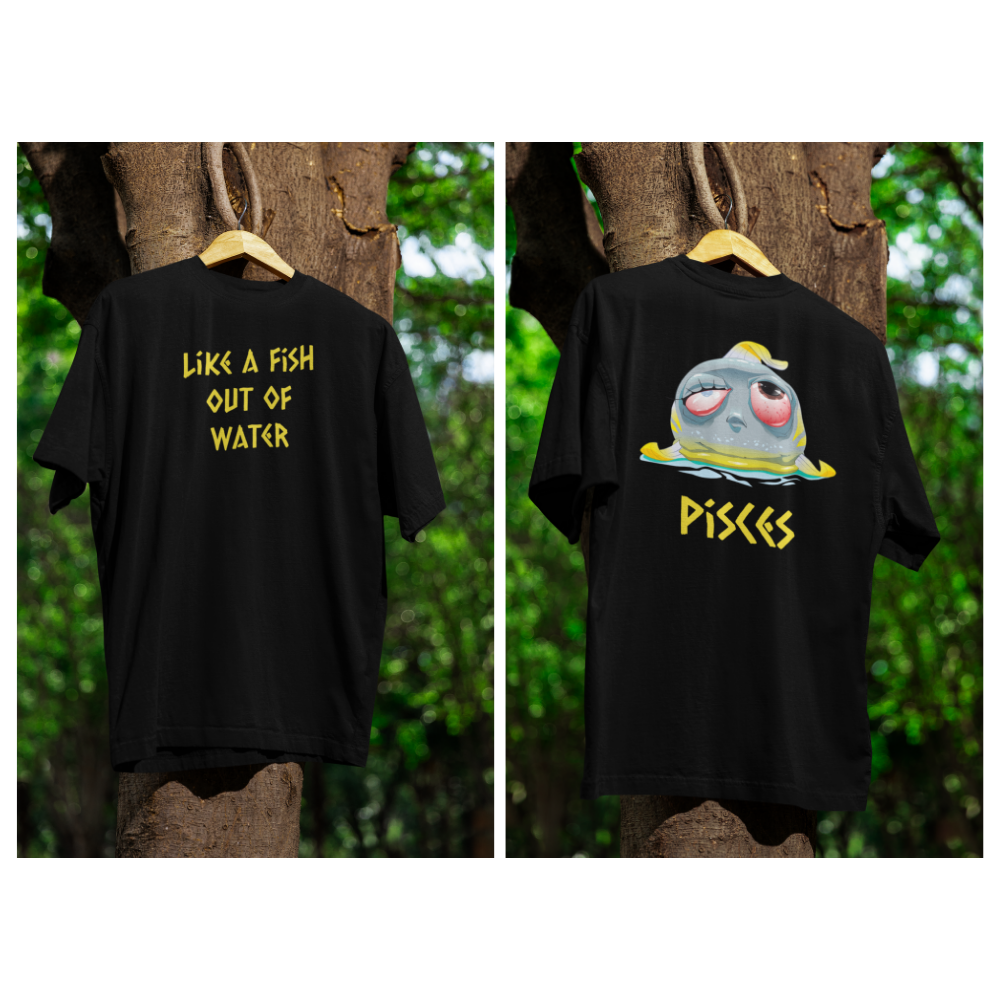 Áo hoodie và áo thun cung Song Ngư in hình chú cá buồn, slogan “Like a fish out of water” độc đáo, hài hước.