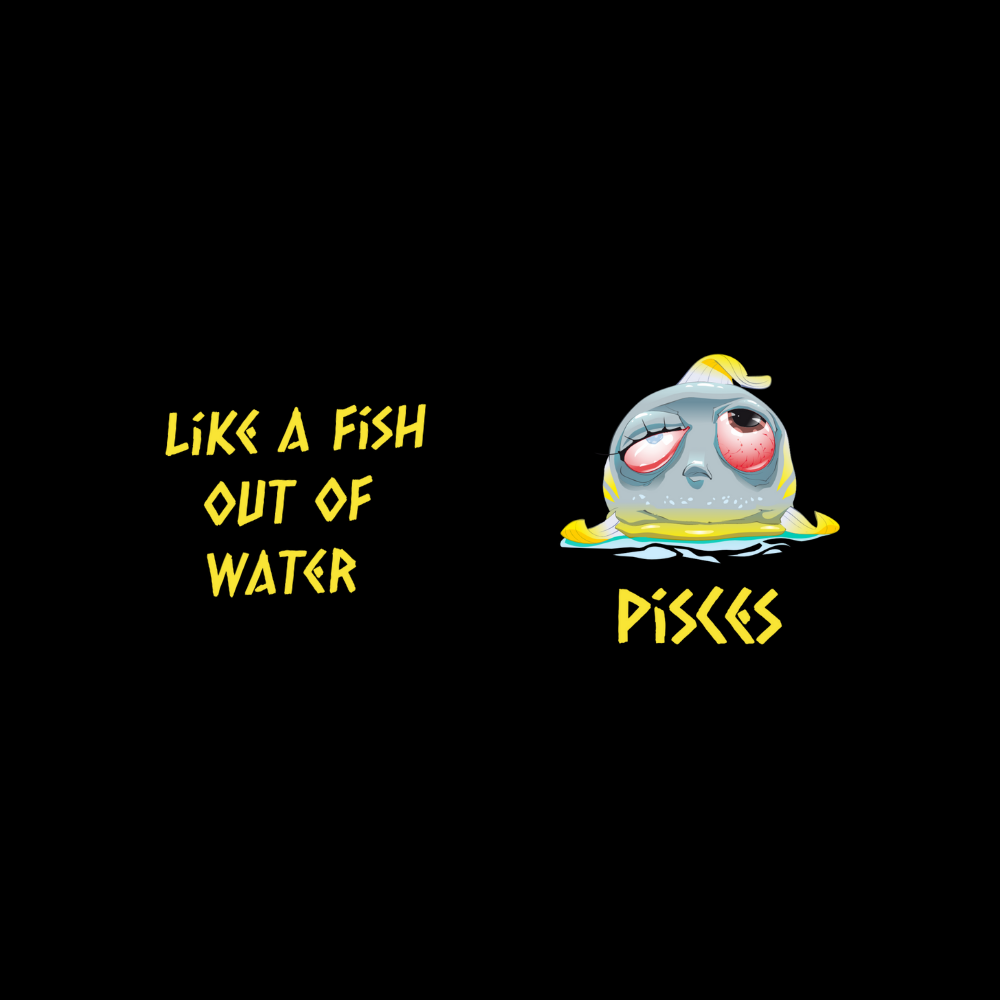 Cartoon fish character with 'Pisces' text on a black background