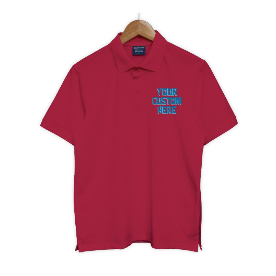 Bộ sưu tập áo polo unisex với dòng chữ tùy chỉnh “Your Custom Here” ở ngực trái, nhiều màu sắc: đen, trắng, xanh, đỏ, be, hồng, tím...