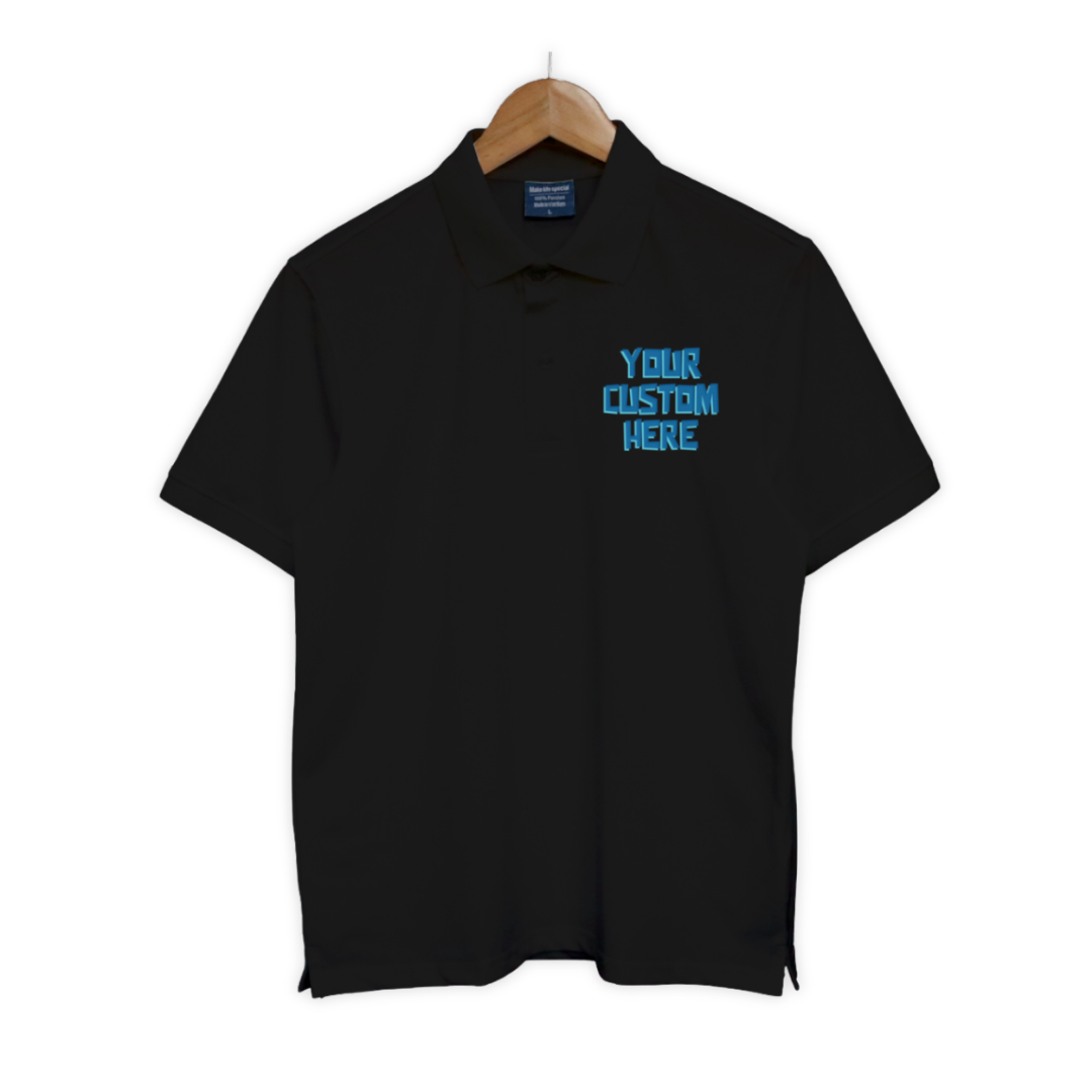 Bộ sưu tập áo polo unisex với dòng chữ tùy chỉnh “Your Custom Here” ở ngực trái, nhiều màu sắc: đen, trắng, xanh, đỏ, be, hồng, tím...