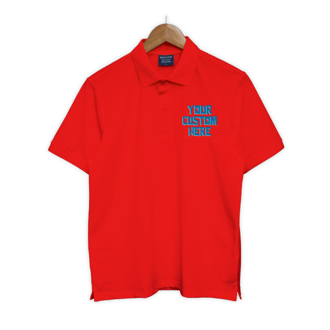 Bộ sưu tập áo polo unisex với dòng chữ tùy chỉnh “Your Custom Here” ở ngực trái, nhiều màu sắc: đen, trắng, xanh, đỏ, be, hồng, tím...