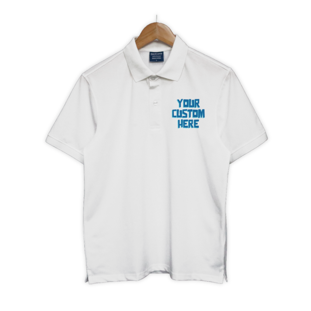 Bộ sưu tập áo polo unisex với dòng chữ tùy chỉnh “Your Custom Here” ở ngực trái, nhiều màu sắc: đen, trắng, xanh, đỏ, be, hồng, tím...