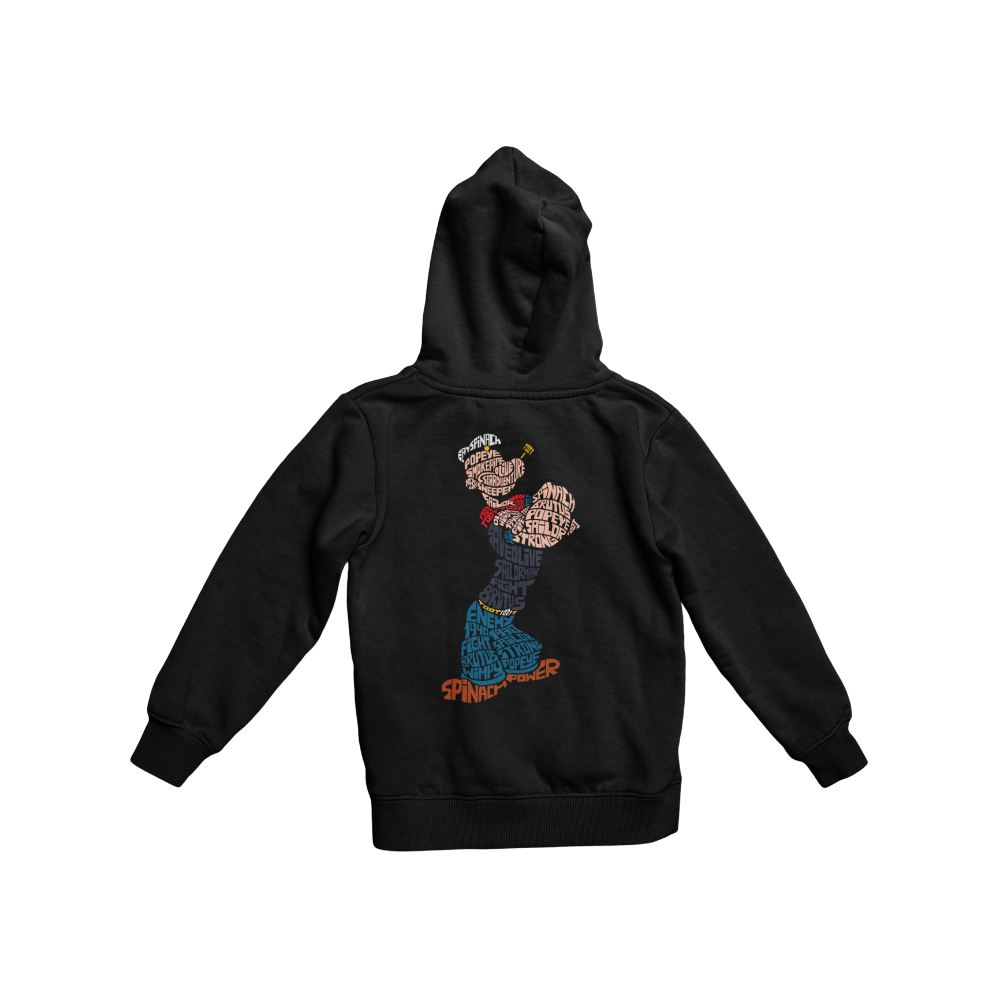 Black hoodie with a colorful graphic design on a white background