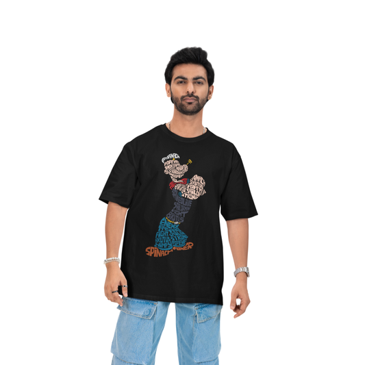 Man wearing a black t-shirt with a colorful graphic design on a white background