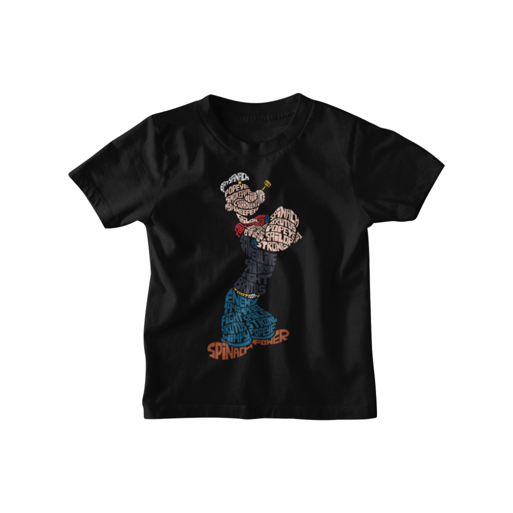 Áo thun hình Popeye tạo hình bằng chữ, phong cách typography sáng tạo, màu sắc nổi bật