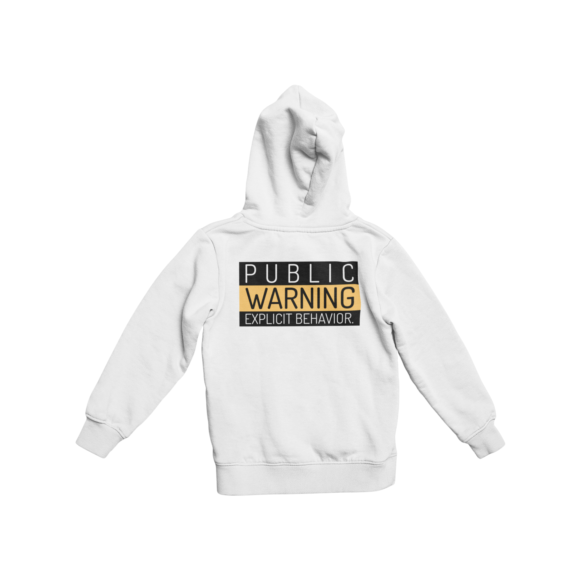 Hai người mặc áo thun trắng in chữ “PUBLIC WARNING: EXPLICIT BEHAVIOR” phong cách streetwear cá tính.
