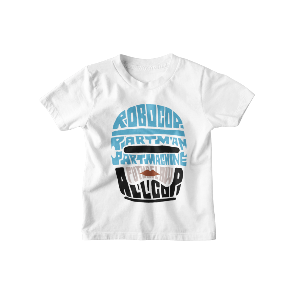 Mẫu áo Robocop thiết kế typography tạo hình đầu, phối màu xanh đen hiện đại