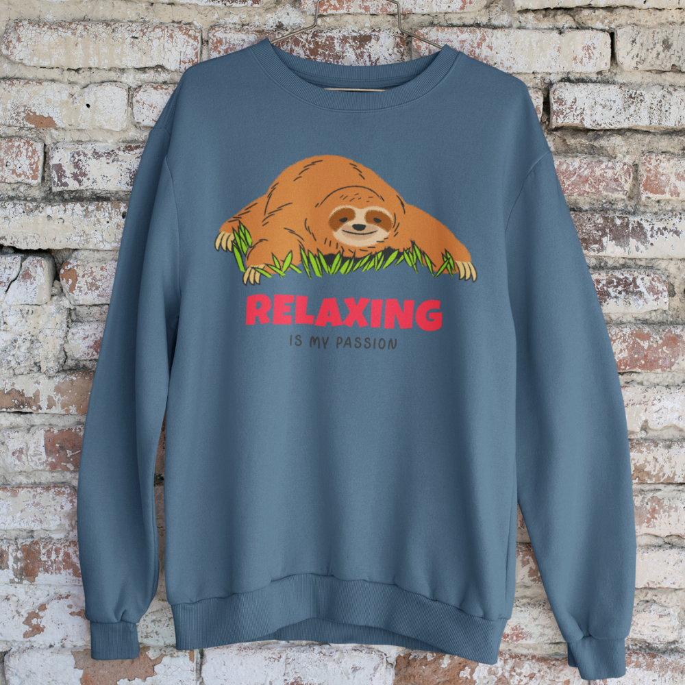 hình chú lười nằm nghỉ và dòng chữ “Relaxing is my Passion”