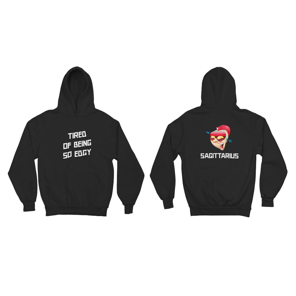 Black hoodie with text and graphic design on a white background