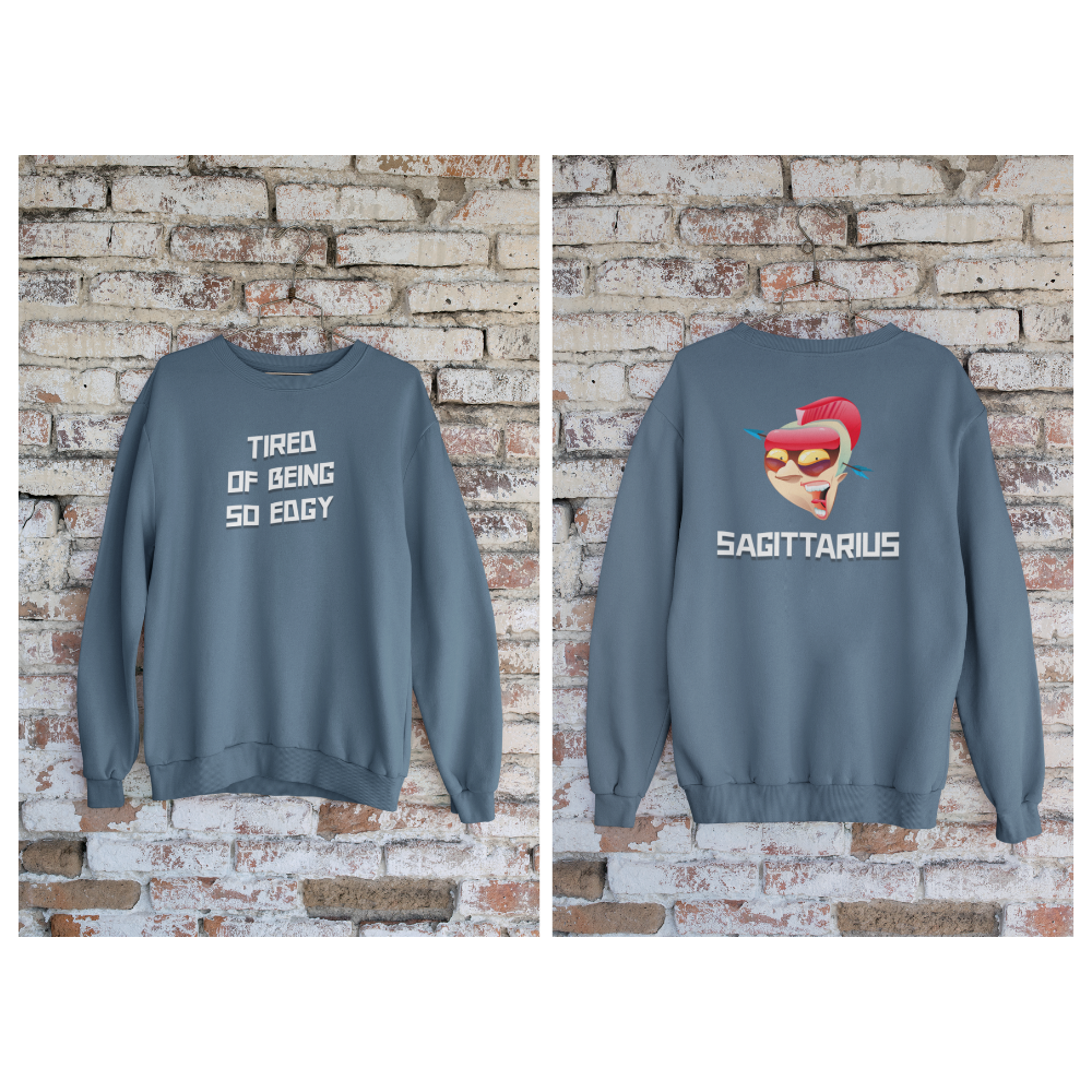 Gray sweatshirt with text and graphic design on a brick wall background