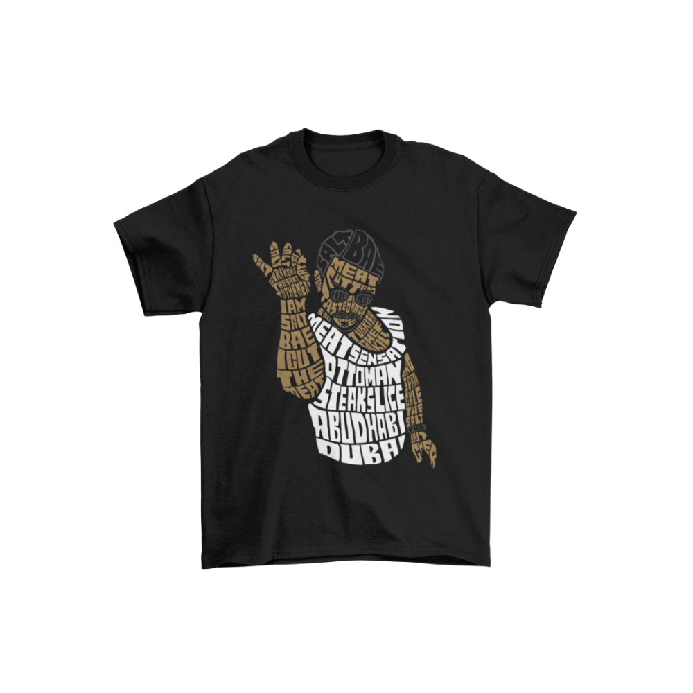 Áo thun hình Salt Bae phong cách typography, màu nâu-trắng-đen, tạo dáng rắc muối nổi tiếng