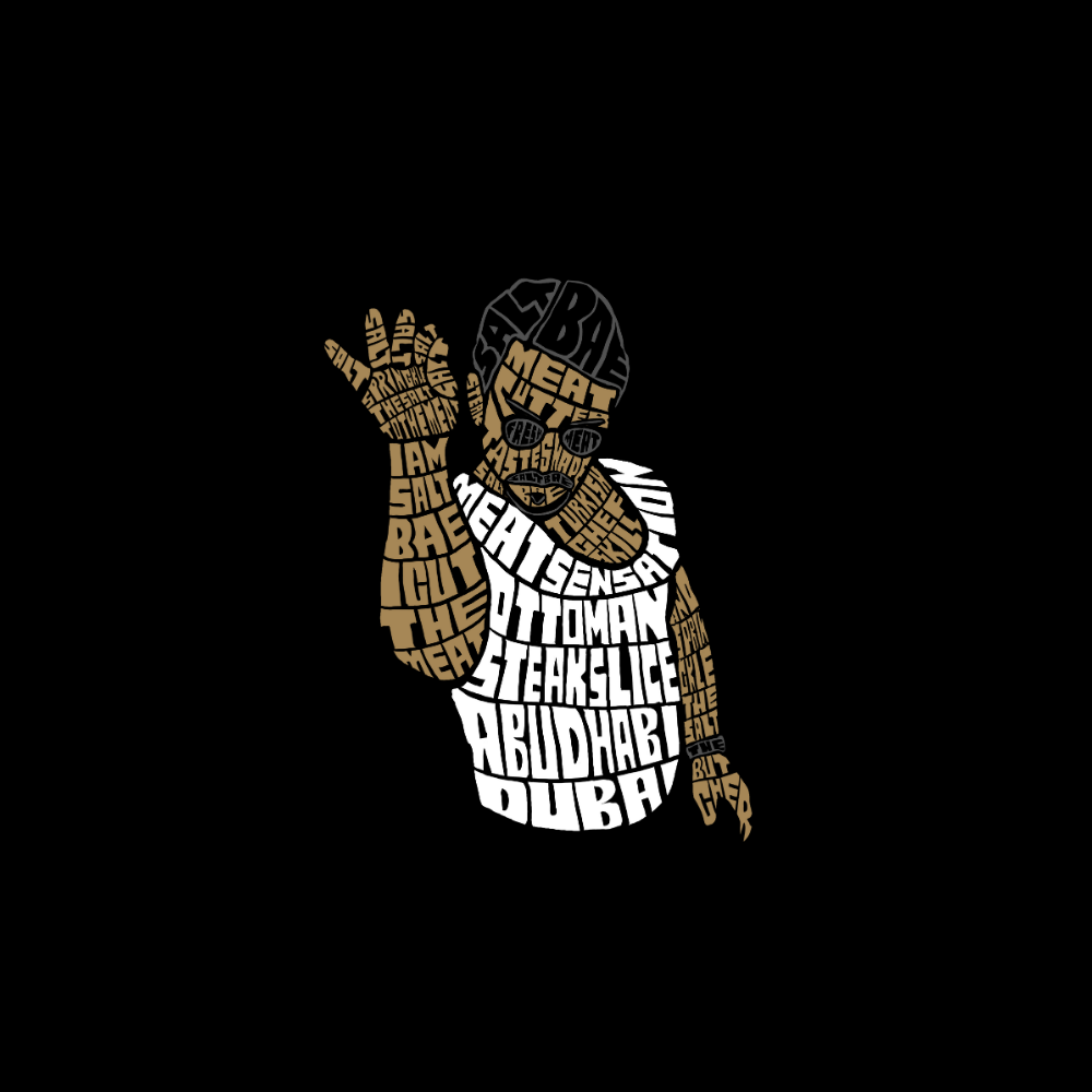 Áo thun hình Salt Bae phong cách typography, màu nâu-trắng-đen, tạo dáng rắc muối nổi tiếng