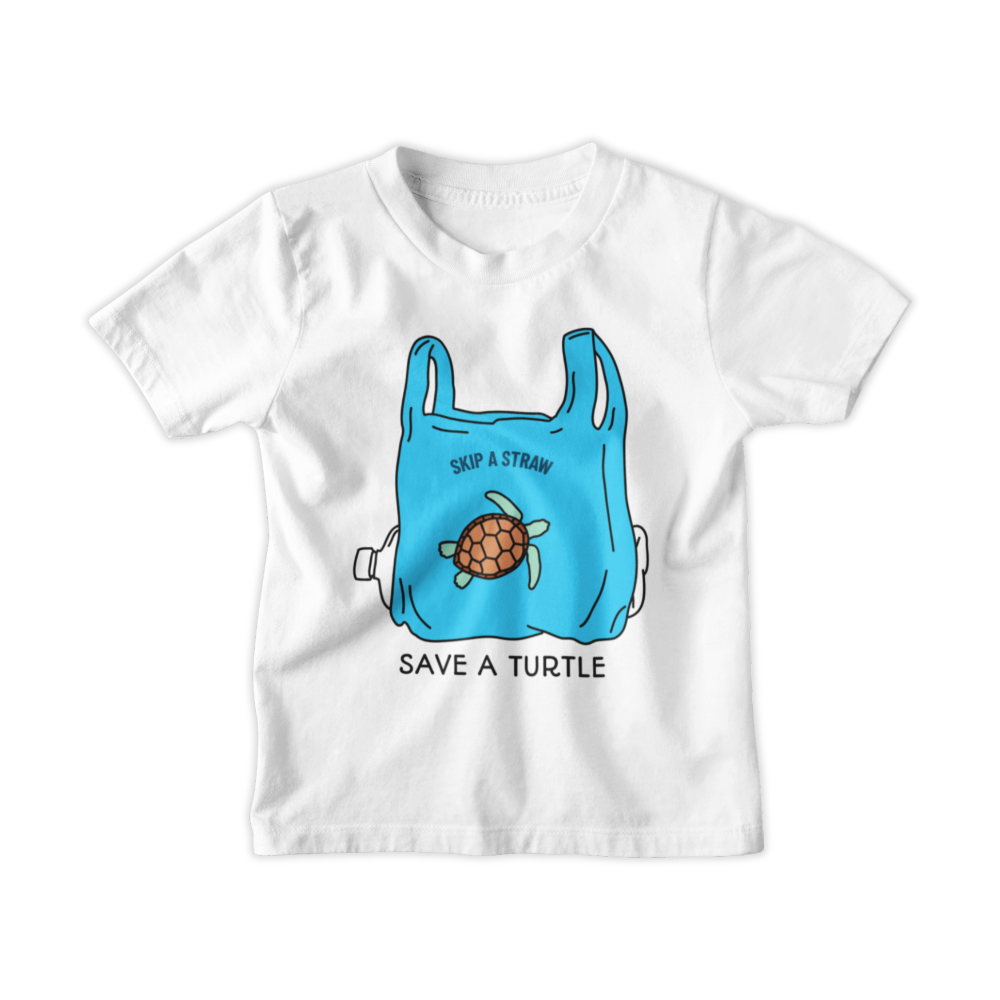 Áo thun, hoodie, sweater in hình rùa biển trong túi nhựa xanh kèm dòng chữ “Save A Turtle – Skip A Straw”