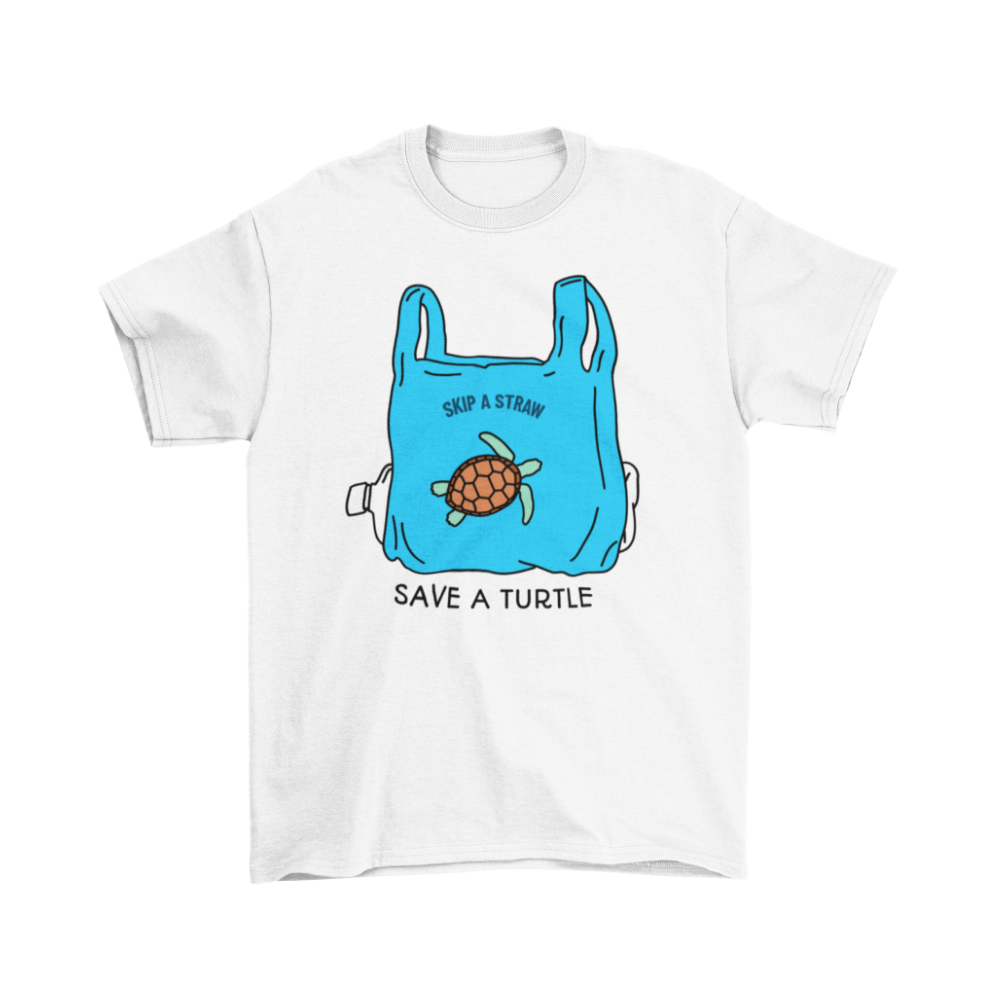White t-shirt with a blue plastic bag graphic and turtle illustration, promoting 'Save a Turtle' message.