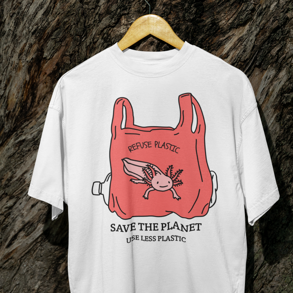 Áo thun, hoodie, sweater in hình túi nilon đỏ kèm thông điệp “Save The Planet – Use Less Plastic”