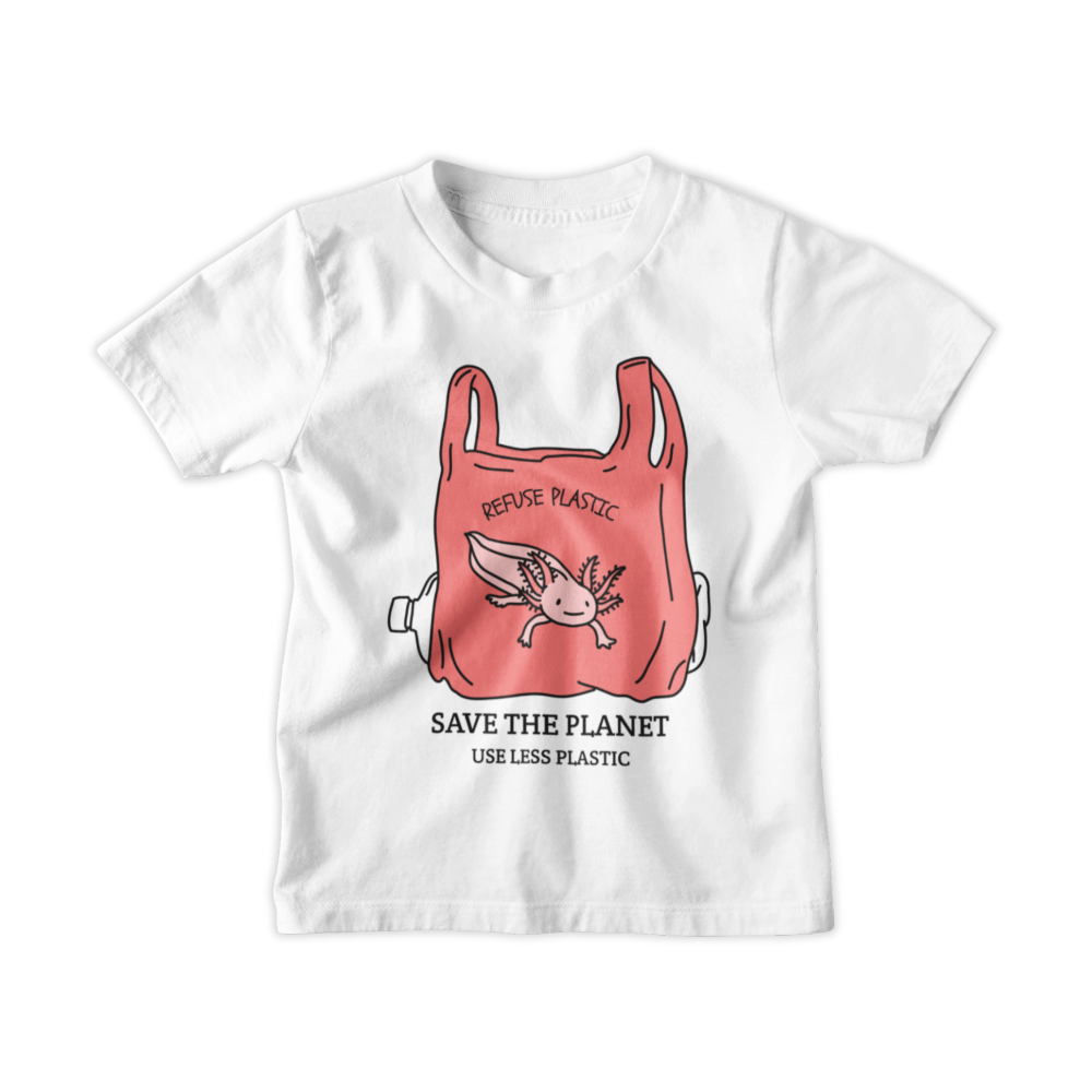 White t-shirt with a red plastic bag graphic and text on a white background
