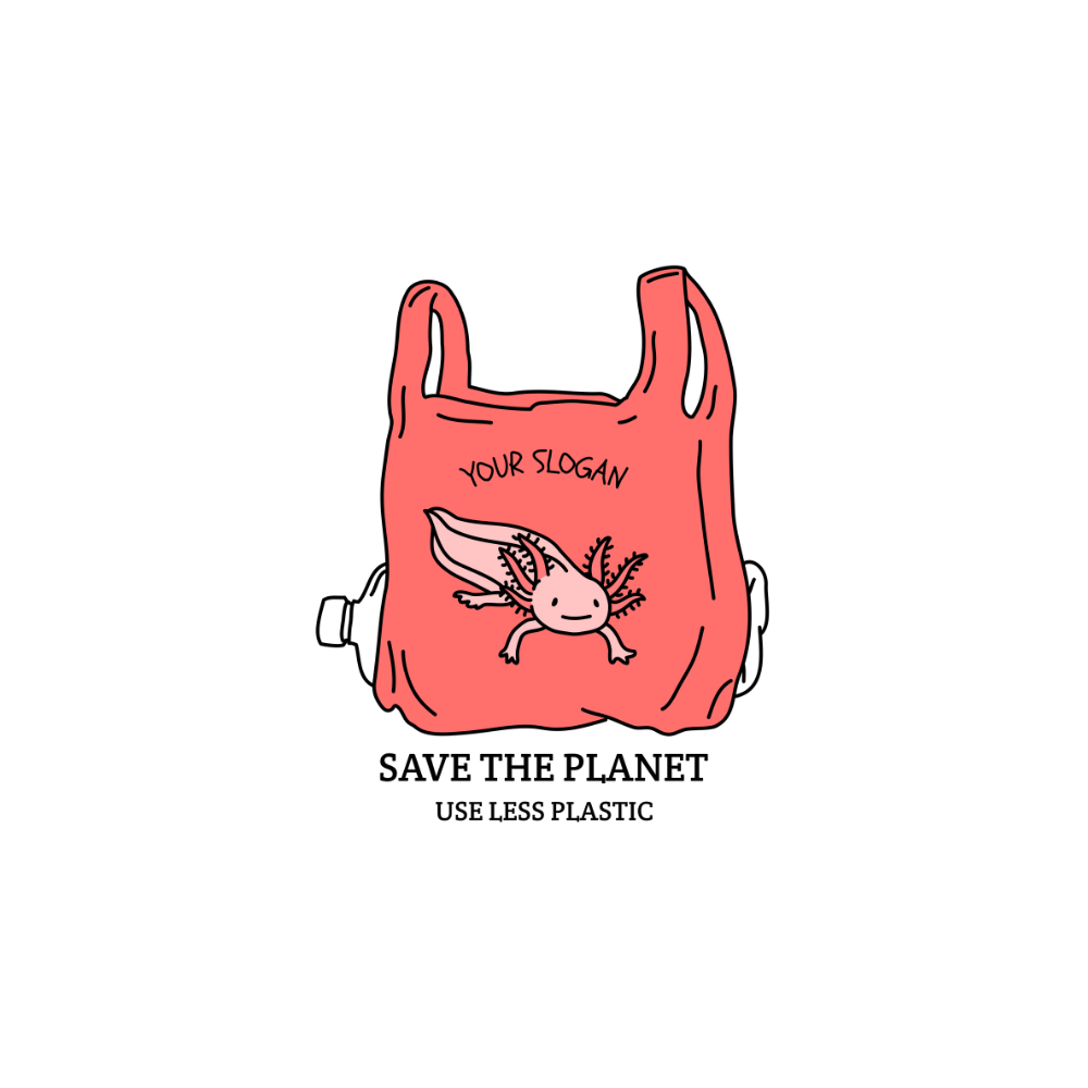 Red plastic bag with axolotl illustration and 'Save the Planet' text on a white background