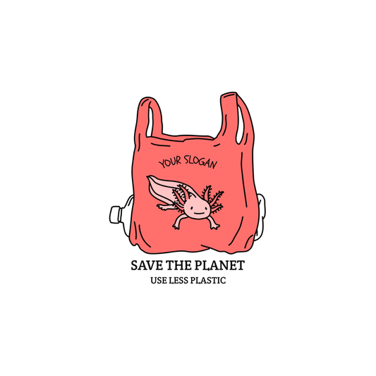 Red plastic bag with axolotl illustration and 'Save the Planet' text on a white background